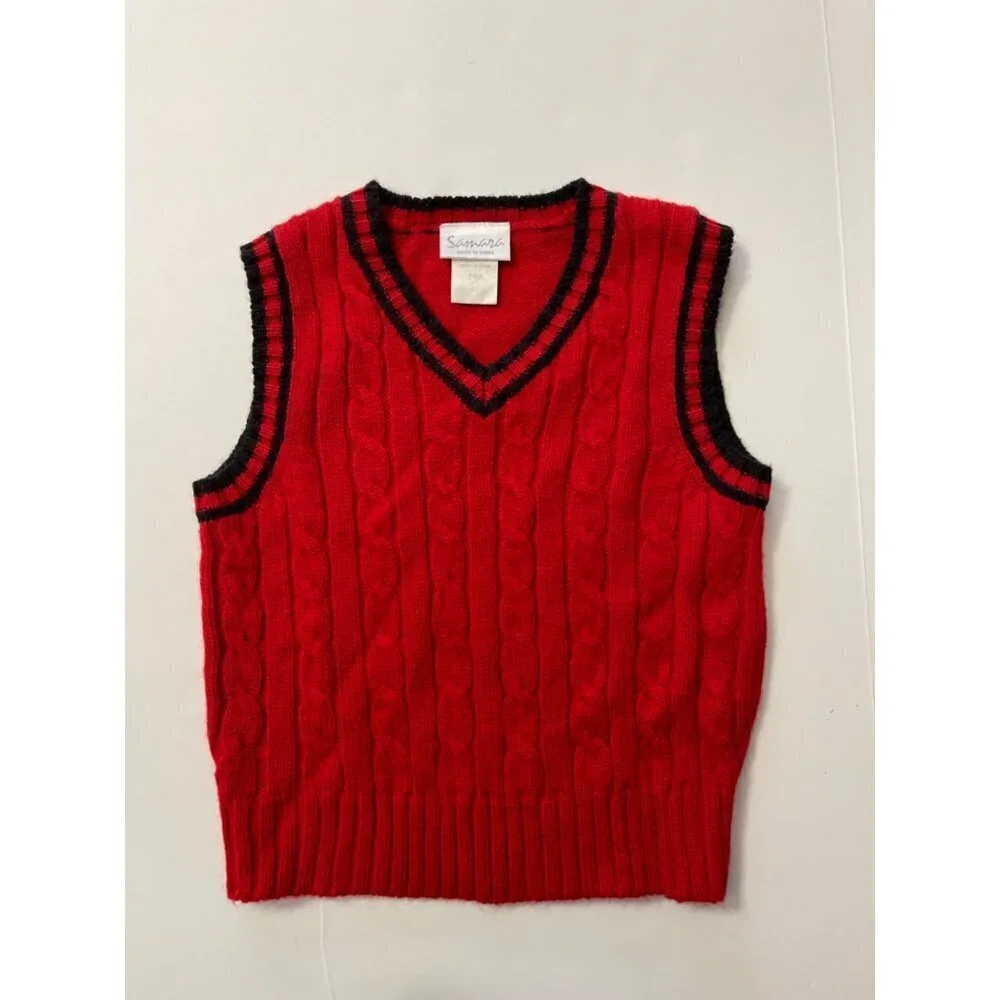 SAMARA V-Neck Pullover Sweater Vest Boy's Size 24 Months Red Navy Trim Christmas